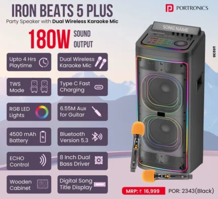 Portroncis Iron Beats 5 Plus 180W Output Sound Dual Wireless Karaoke Mic Bluetooth Speaker